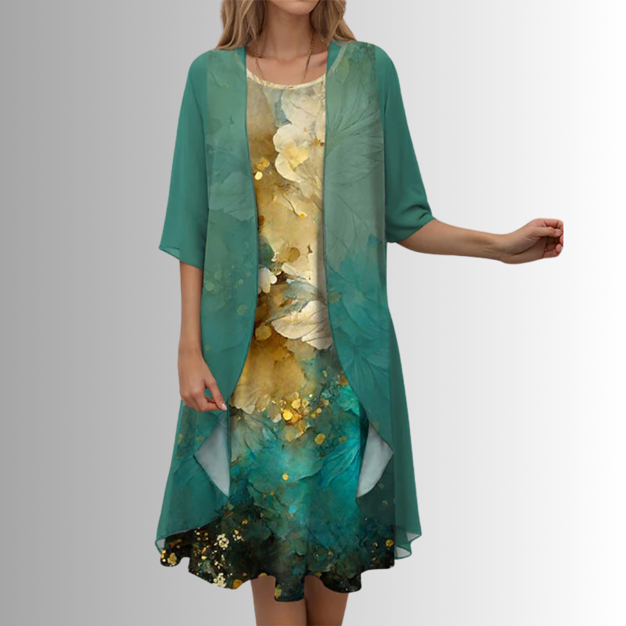 ADELINE | Floral Midi Dress and Sheer Duster Two Piece Layered Elegant Set