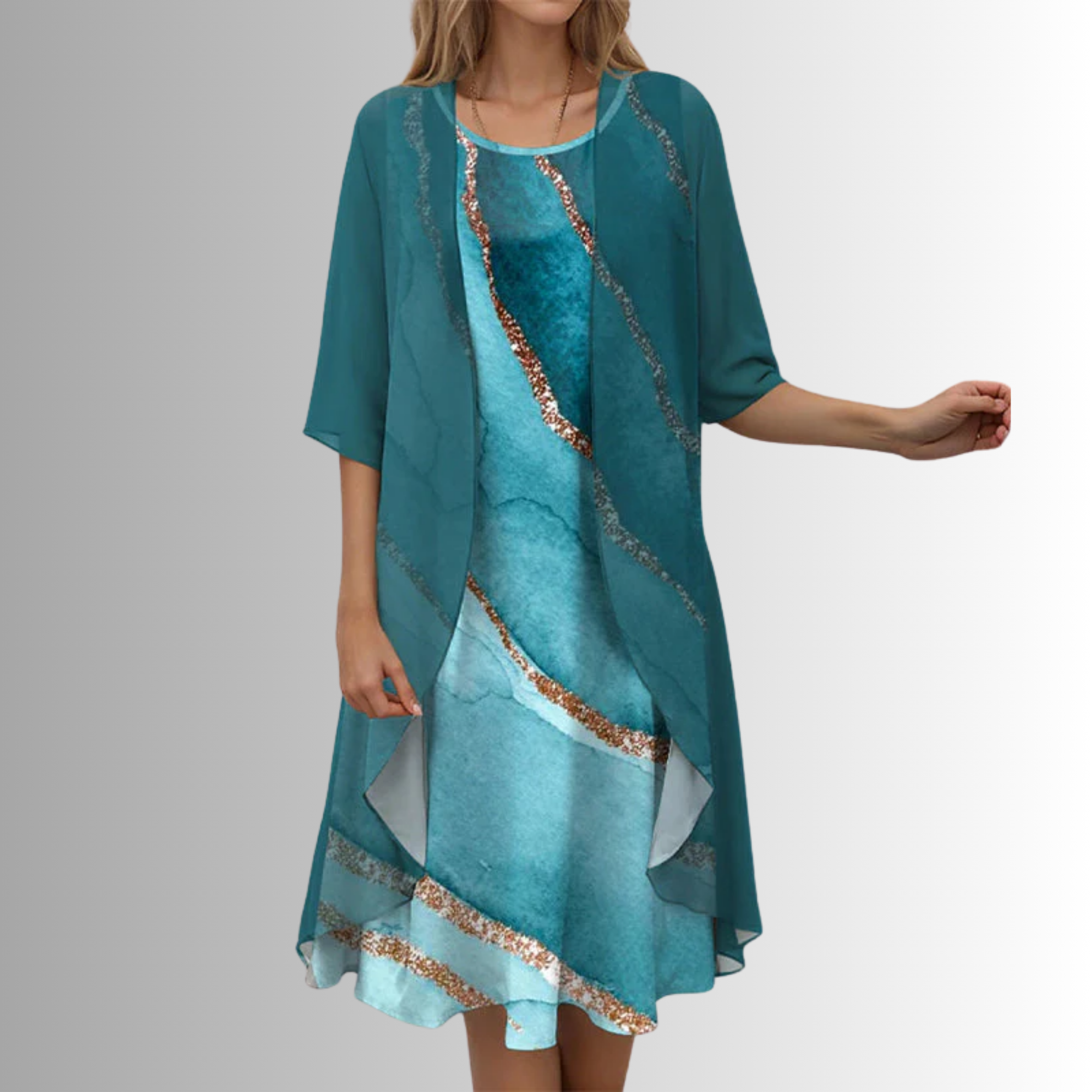 ADELINE | Floral Midi Dress and Sheer Duster Two Piece Layered Elegant Set