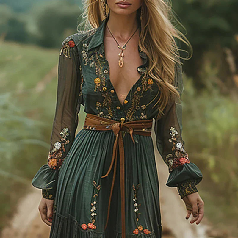 Women's Bohemian Dress | Embroidered V Neck Maxi
