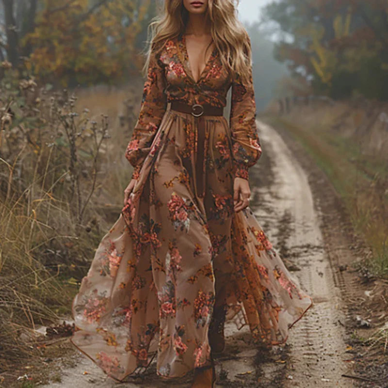 Women's Bohemian Dress | Embroidered V Neck Maxi