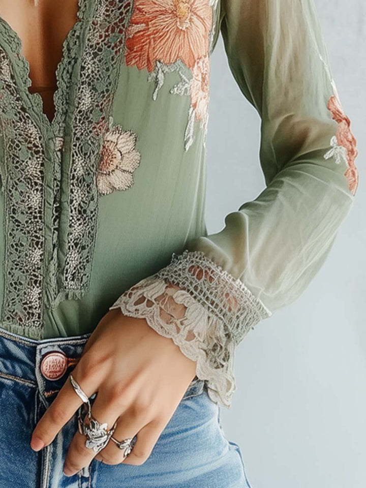 Boho Lace Trim Floral Blouse