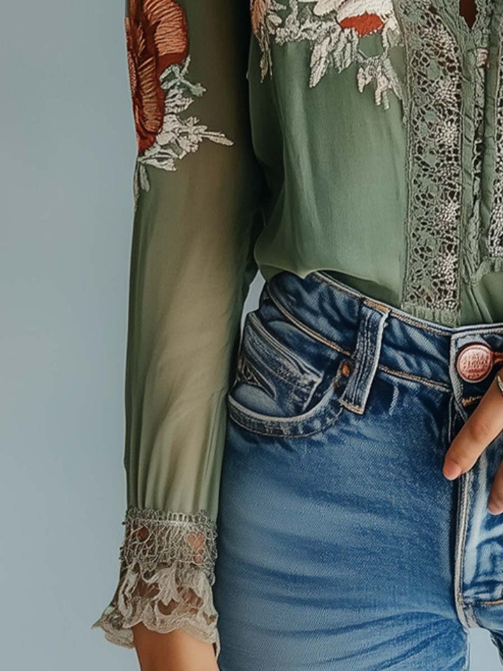 Boho Lace Trim Floral Blouse