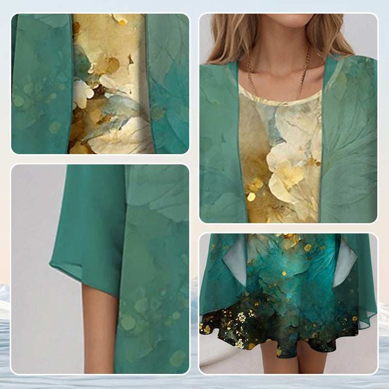 ADELINE | Floral Midi Dress and Sheer Duster Two Piece Layered Elegant Set