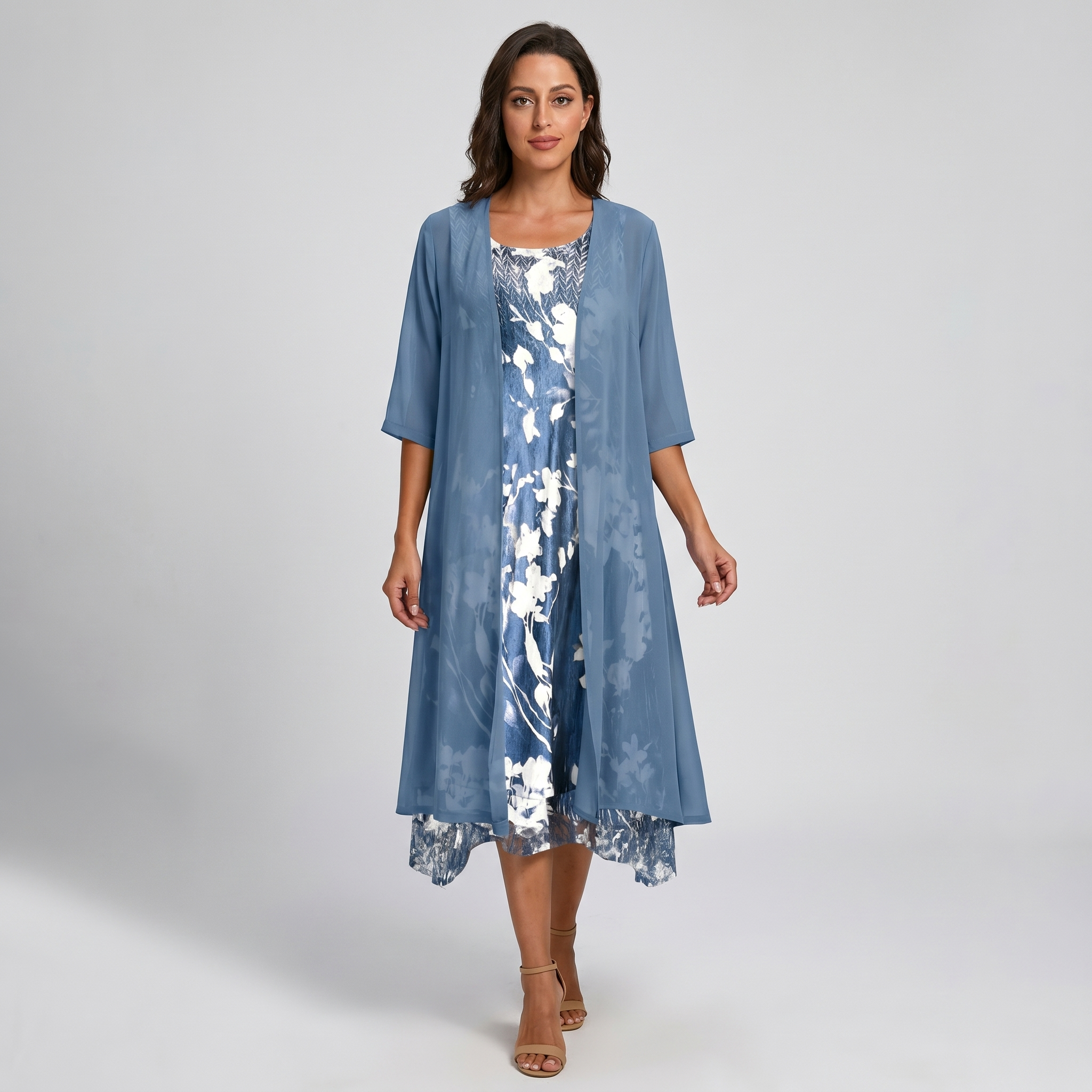 ADELINE | Floral Midi Dress and Sheer Duster Two Piece Layered Elegant Set