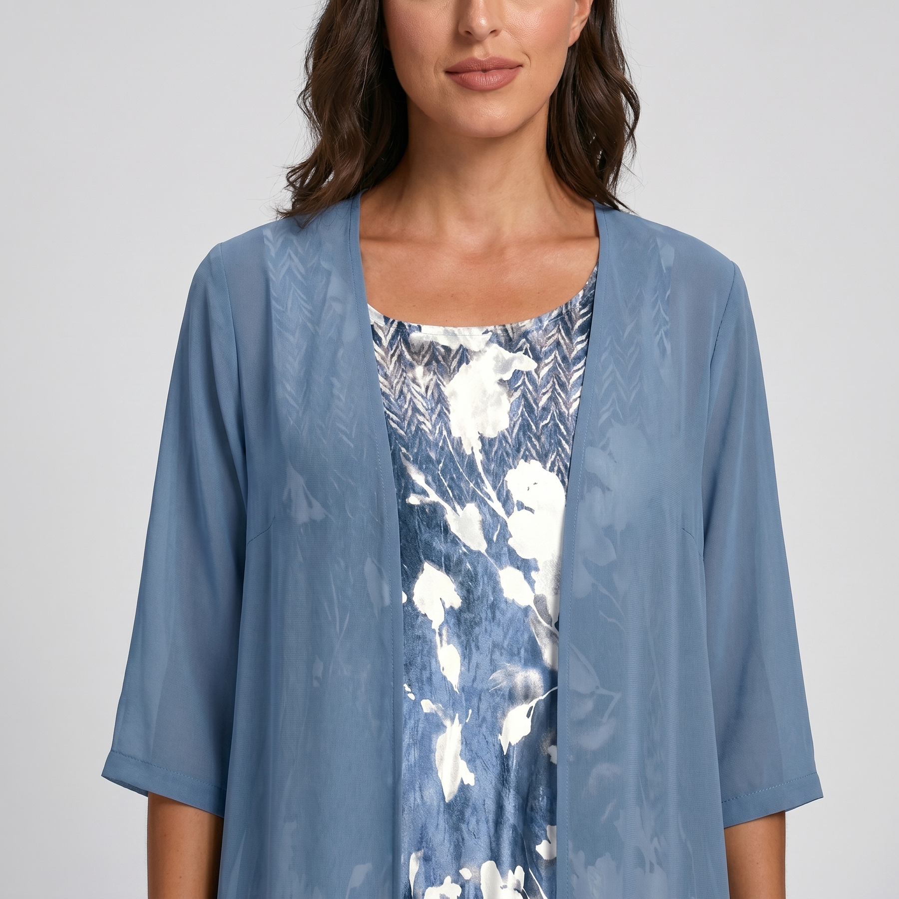 ADELINE | Floral Midi Dress and Sheer Duster Two Piece Layered Elegant Set