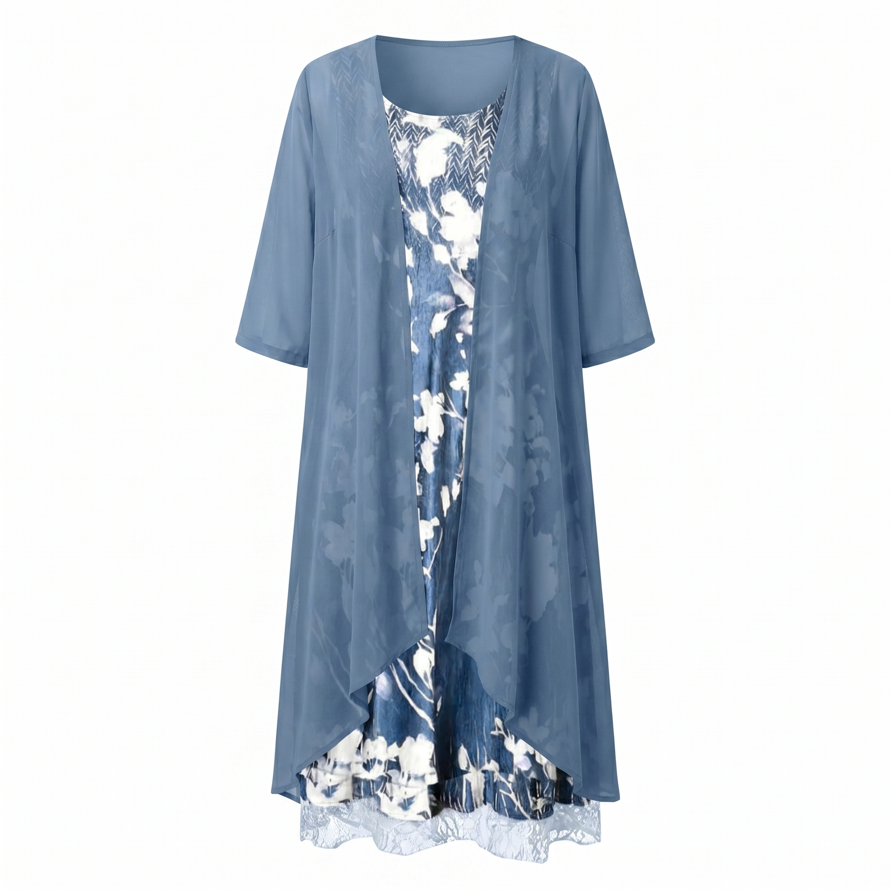 ADELINE | Floral Midi Dress and Sheer Duster Two Piece Layered Elegant Set